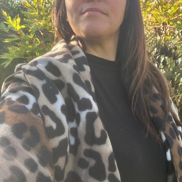 The Katie Scarf Brown in on trend leopard print combined with cosy and super soft material