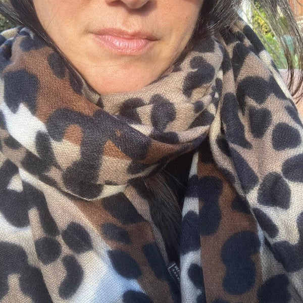 The Katie Scarf Brown in on trend leopard print combined with cosy and super soft material