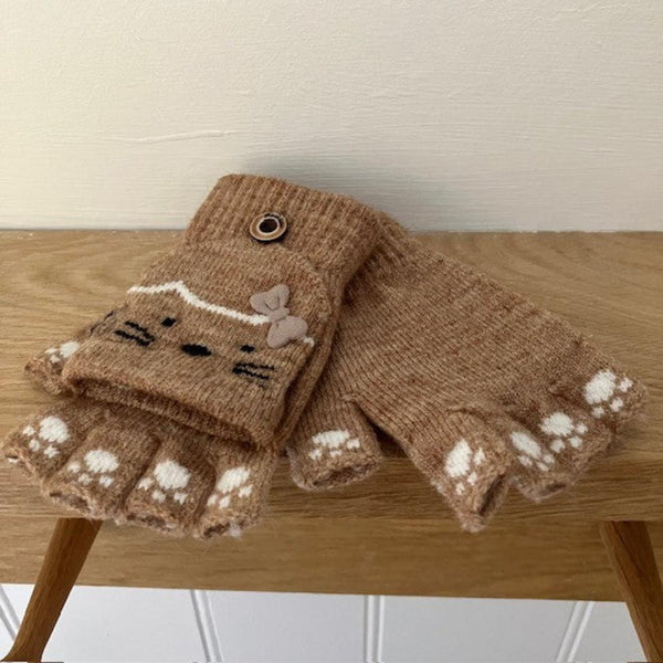 Kitty Mittens Brown are wonderful fingerless gloves with overlapping finger warmers, ideal for toddlers