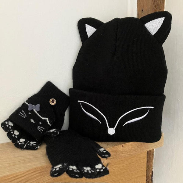 Kitty Mittens Black are wonderful fingerless gloves with overlapping finger warmers, ideal for toddlers