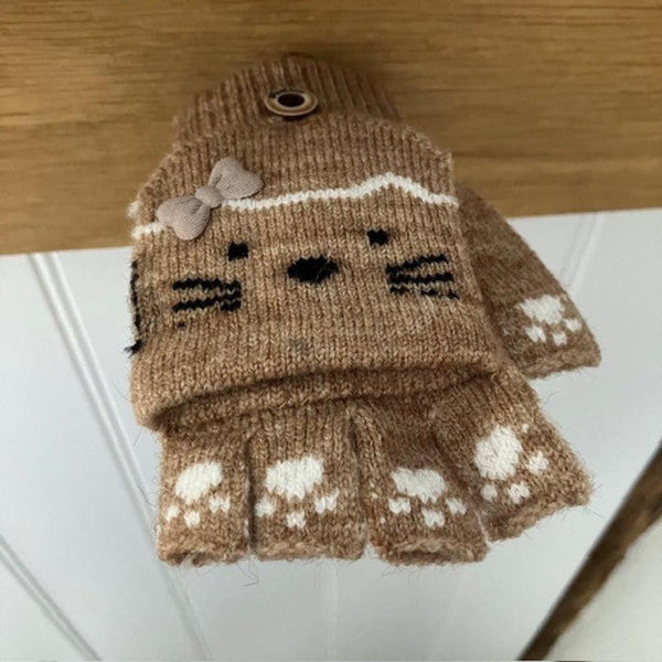 Kitty Mittens Brown are wonderful fingerless gloves with overlapping finger warmers, ideal for toddlers