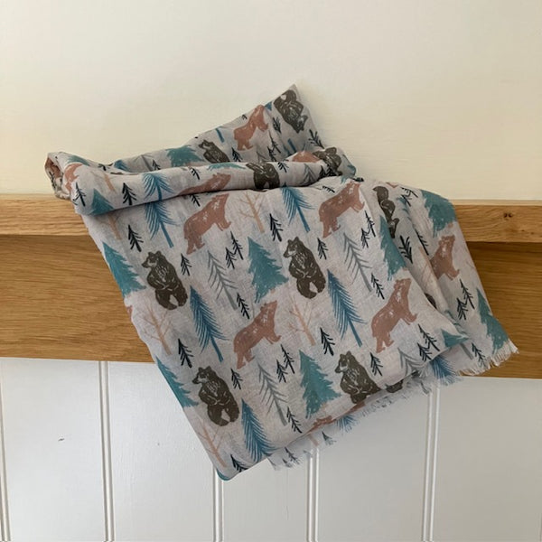 The Mama Bear Scarf Grey is an adorable forest themed print in subtle Scandinavian colours