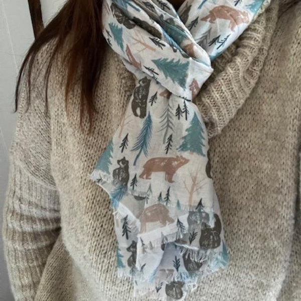 The Mama Bear Scarf Grey is an adorable forest themed print in subtle Scandinavian colours