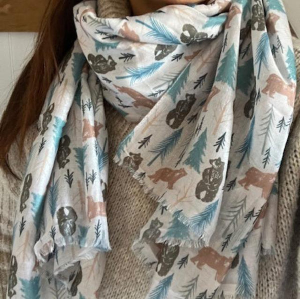 The Mama Bear Scarf Grey is an adorable forest themed print in subtle Scandinavian colours