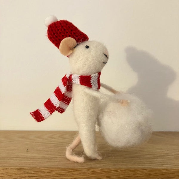 Side view of Marco Mouse felt friend makes a fabulous cosy home decoration at Christmas or a thoughtful gift for snow fans