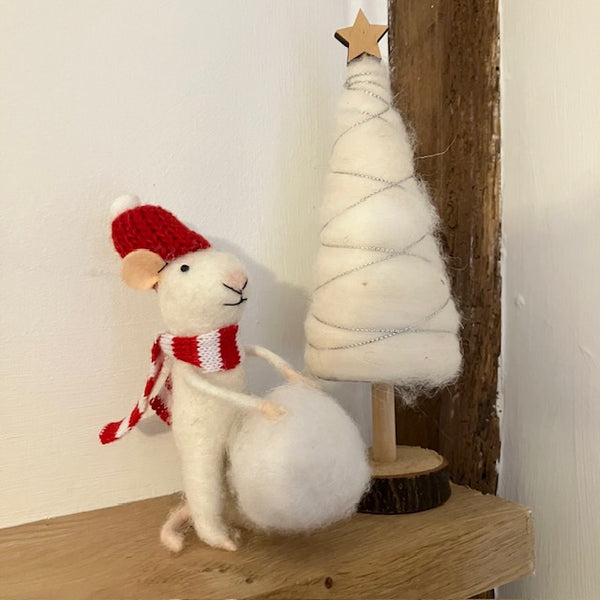 Marco Mouse felt friend with our Scandi Tree makes a fabulous cosy home decoration at Christmas or a thoughtful gift for snow fans