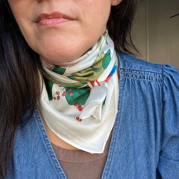 The Meadow Scarf Cream is ideal for styling into the on-trend small neck tied scarves.