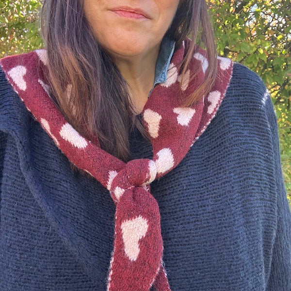 The Pixie Scarf Burgundy can be worn over the shoulders or cosy around the neck