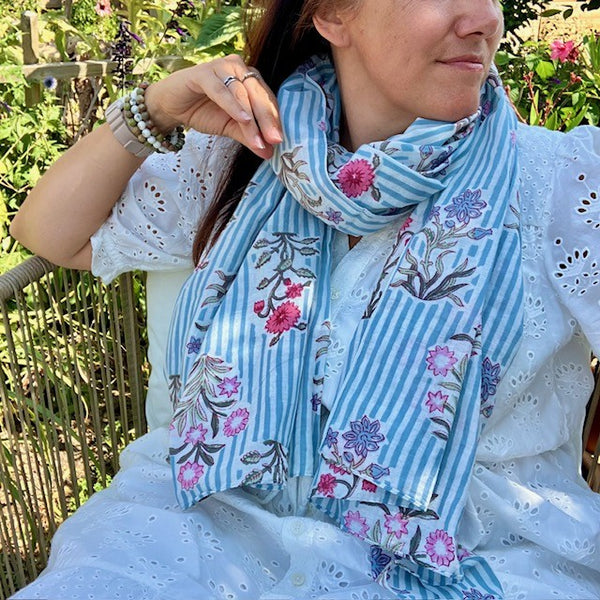 The Pollyanna Scarf is a lightweight cotton scarf that can be worn all year round