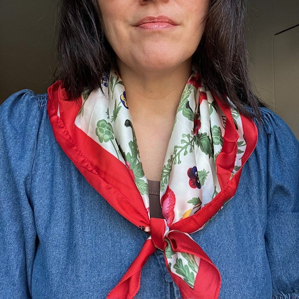 The Poppy Scarf is ideal for styling into the on-trend small neck and triangle tied scarves.