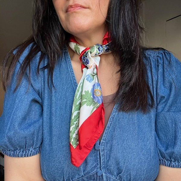 The Poppy Scarf is in the on-trend square shape that can be worn in so many different styles