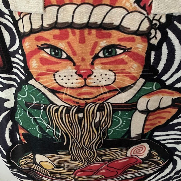 The Ramen Cat Tote Bag is a fabulous unique design with a wave patterned background and Ramen eating Ninja Cat!