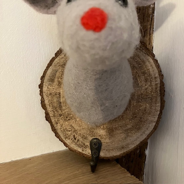 Up close view of felt Rudy Reindeer Hook is ideal for hanging stockings from at Christmas