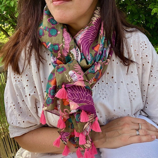 The Sakura Scarf Khaki is a stunning design scarf for people looking for a bold pattern and fabulous colours
