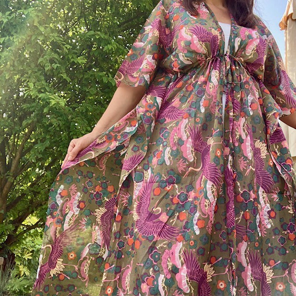 The Sakura Kaftan Khaki is light weight and floaty