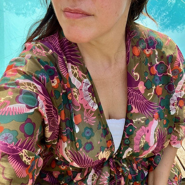 The Sakura Kaftan Khaki is the ideal summer accessory for keeping you cosy and cool by the pool