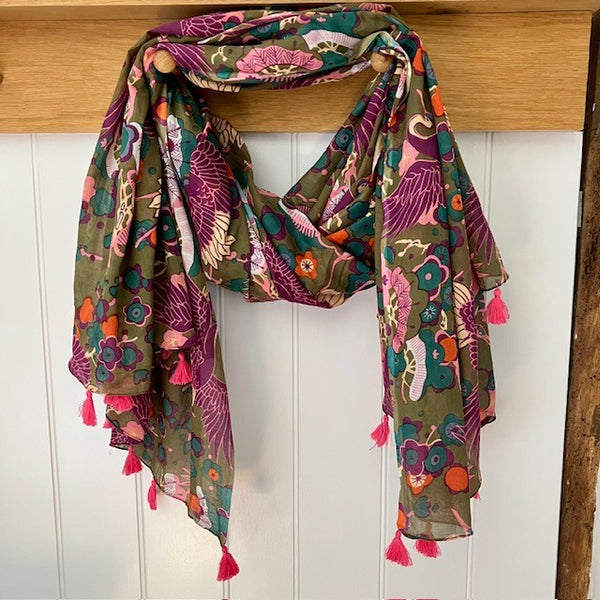 The Sakura Scarf Khaki has the most beautiful abstract floral print with flying cranes in exquisite colours. It has a Japanese aesthetic and oozes boho glamour.