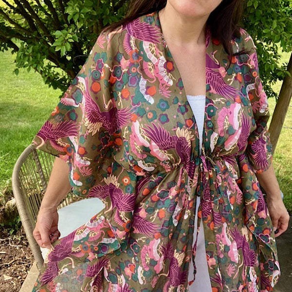 The Sakura Kaftan Khaki can be worn as a cover up or a lightweight shacket in the evenings