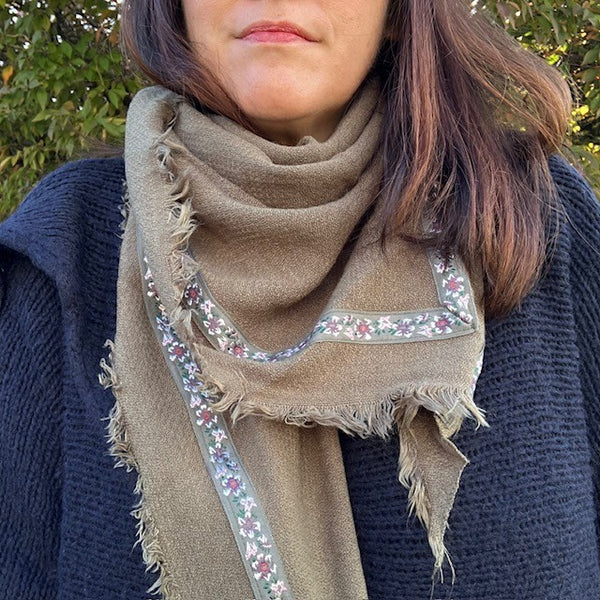 The Samantha Scarf Khaki is a pretty cottagecore, boho style scarf