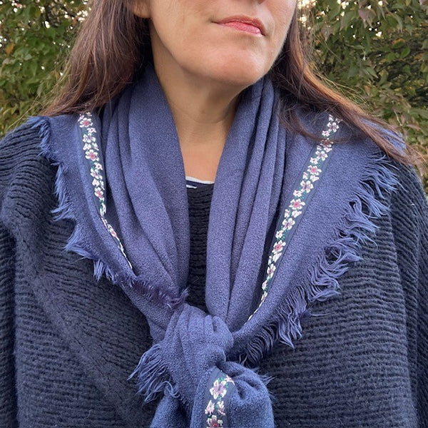 The Samantha Scarf Navy has a rustic frayed edge