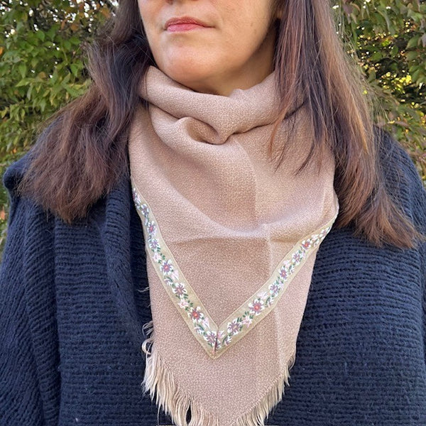 The Samantha Scarf Nude is a pretty floral bordered scarf with frayed edges