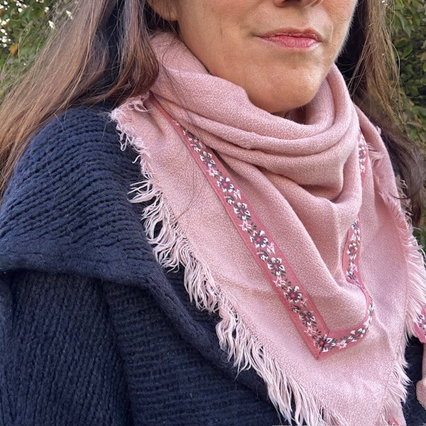 The Samantha Scarf Pink has frayed edges giving it a country-core, boho style