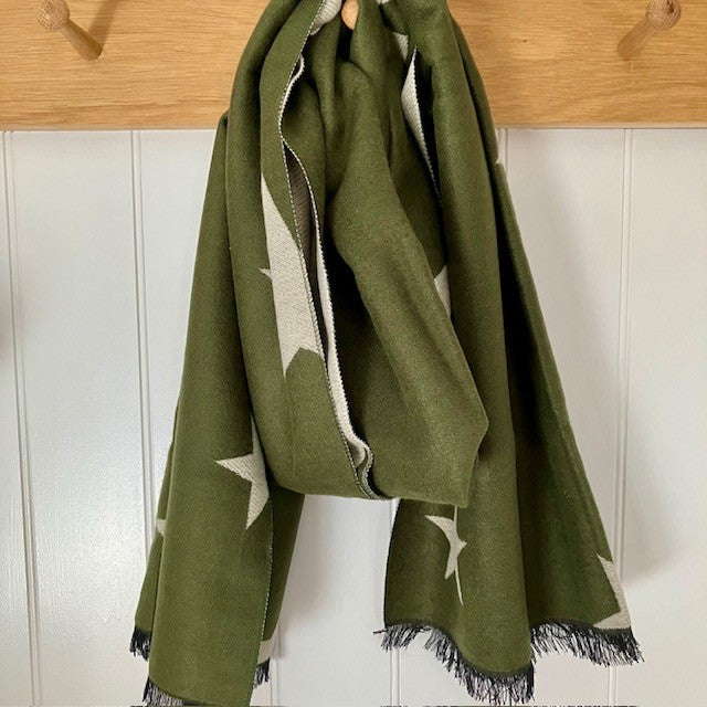 Sapphira Stars scarf is a green and cream beautifully luxurious reversible scarf with a bold star pattern