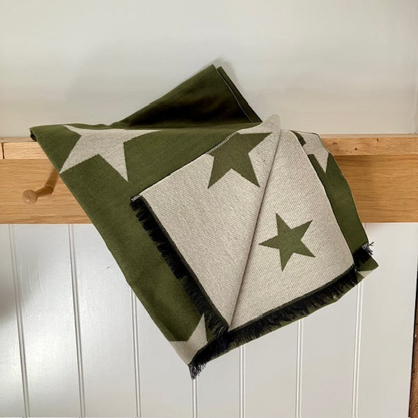 Reversible Sapphira Stars scarf is a green and cream beautifully luxurious scarf with a bold star pattern