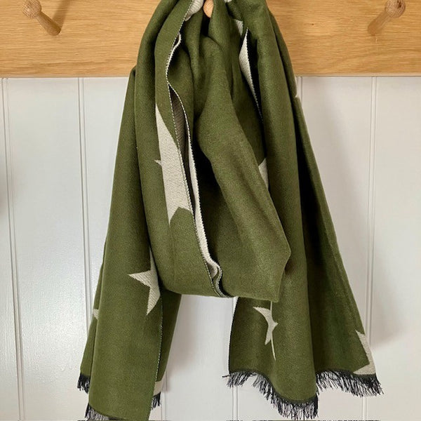 Sapphira Stars scarf is a green and cream beautifully luxurious reversible scarf with a bold star pattern