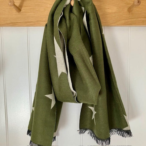 Sapphira Stars scarf is a green and cream beautifully luxurious reversible scarf with a bold star pattern