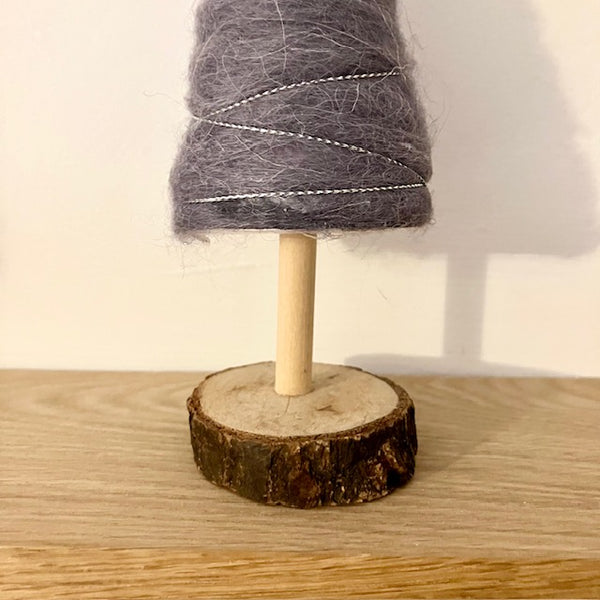 Up close of grey Scandi Woollen Tree Decoration real wool and wood