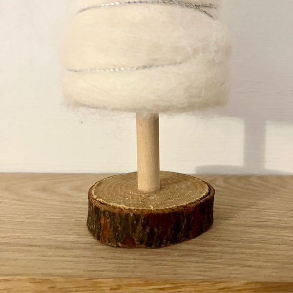 Up close of cream Scandi Woollen Tree Decoration real wool and wood