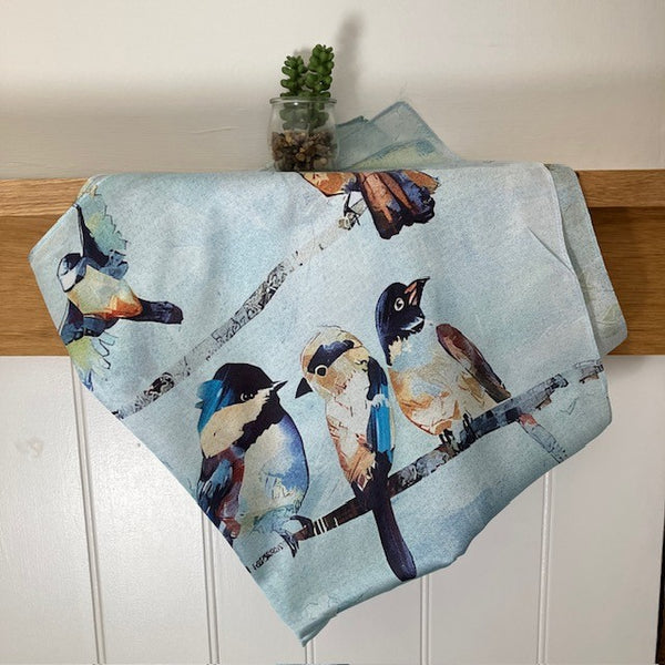 The Seatherny Scarf Blue has a fabulous abstract British Bird design