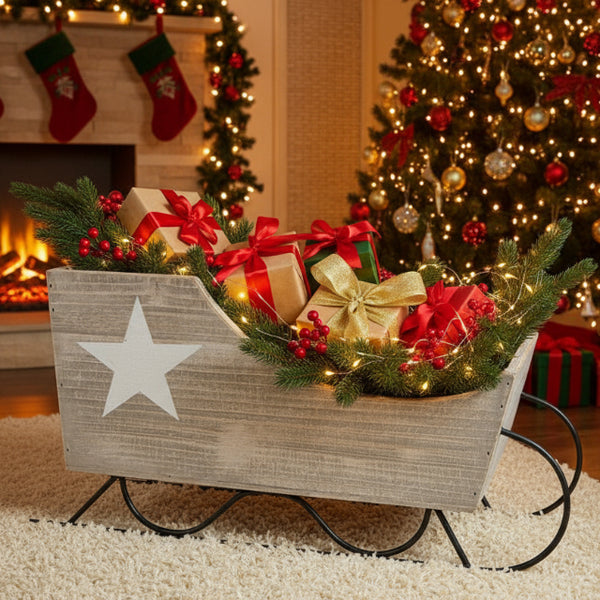 A grey wooden sleigh with a white Scandi star, featuring metal details and a rustic finish
