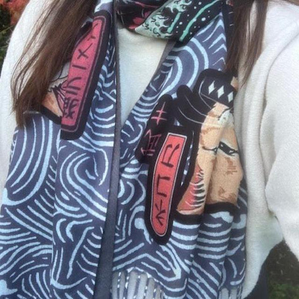 The Sushi Scarf is a stunning unique design with a wave patterned background and Samurai cats!