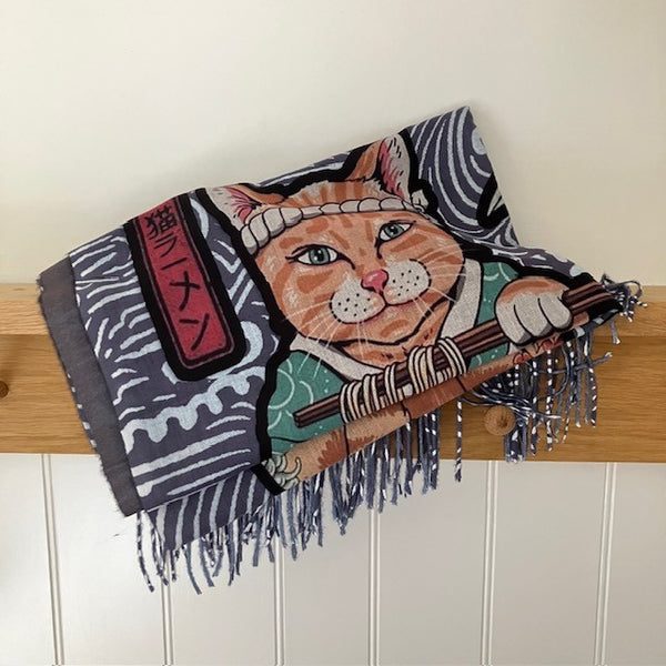 The Sushi Scarf is a stunning unique design with a wave patterned background and Samurai cats!