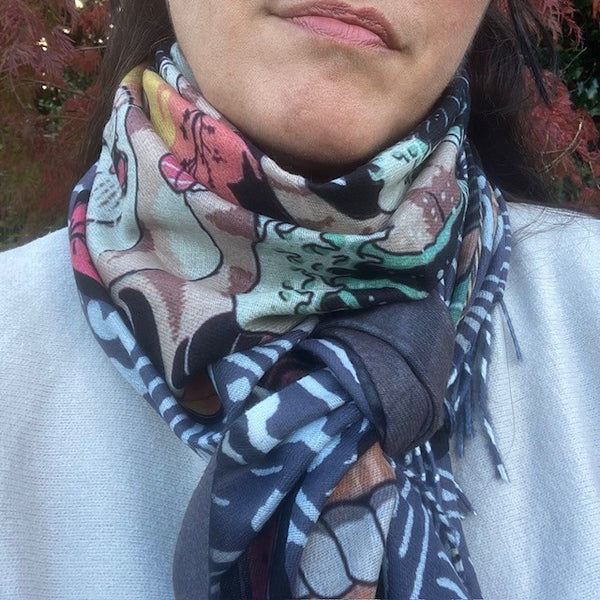 The Sushi Scarf is a stunning unique design with a wave patterned background and Samurai cats!