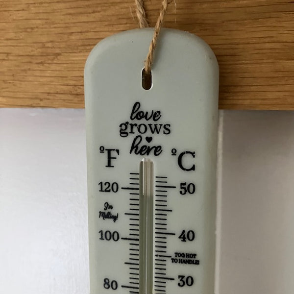 Thermometer that says "Love Grows Here" and has cute sayings on it