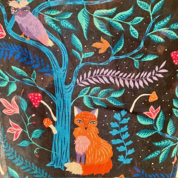 The Winslie Scarf has a dark navy background and gorgeous rich colours of the fox, owl, toadstools and forest pattern