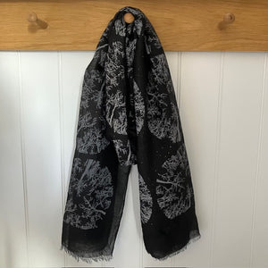 The Winter Trees Scarf Black is a stunning light weight scarf with rose gold sparkle