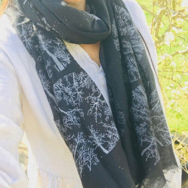 The Winter Trees Scarf Black is a stunning light weight scarf with rose gold sparkle