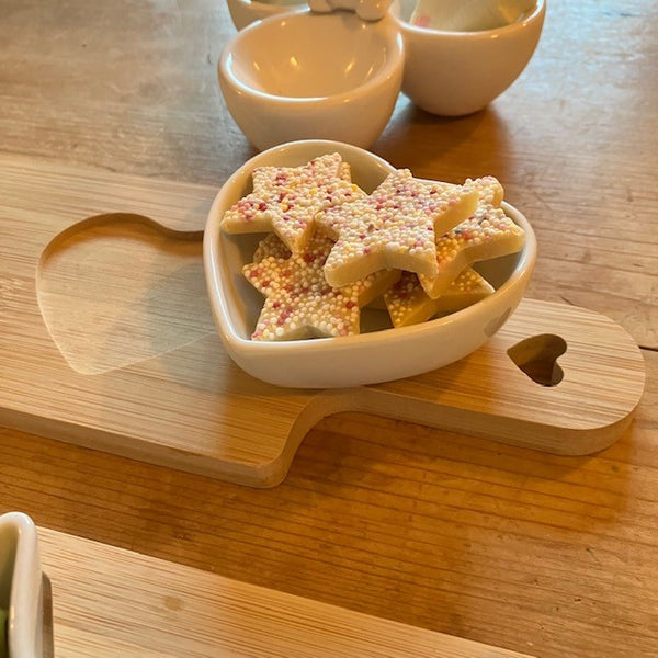 2 Heart Dishes on Mini Bamboo Board