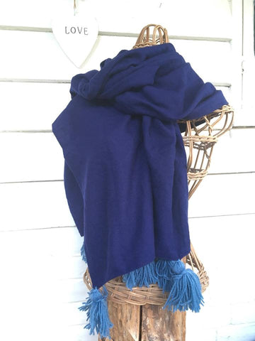Large Tassels Scarf - Navy and Blue
