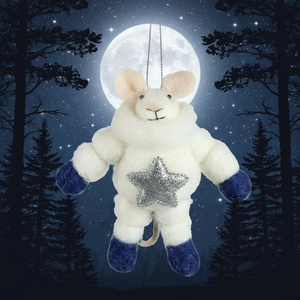 Apollo white felt mouse in cute spacesuit, ideal cosy gift and decoration