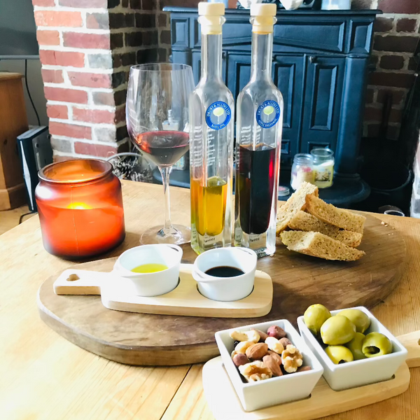 Useful little dipping bowls on a bamboo serving board, perfect for cosy nights in